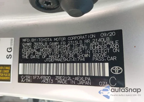 2021 Toyota Corolla Le z USA, uszkodzony, nr VIN JTDEPMAE5MJ141794